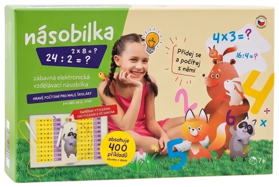 Krabice hry Násobilka – zábavná elektronická vzdělávací násobilka pro malé školáky, obsahuje 400 příkladů, pro děti od 7 let